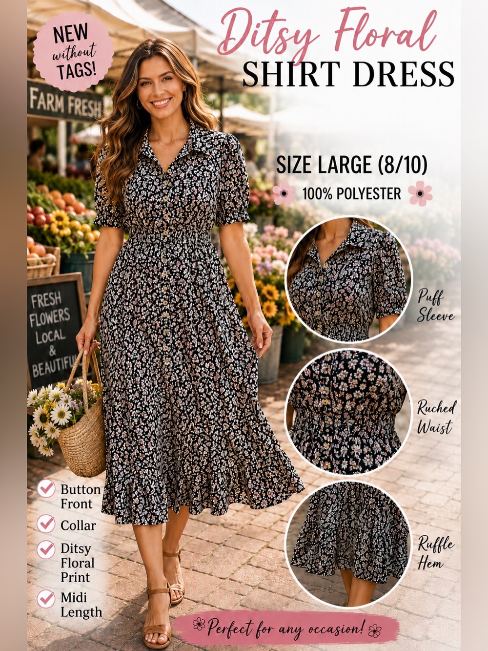 NEW WITHOUT TAGS Ditsy Floral Shirt Dress Size Large (8/10)